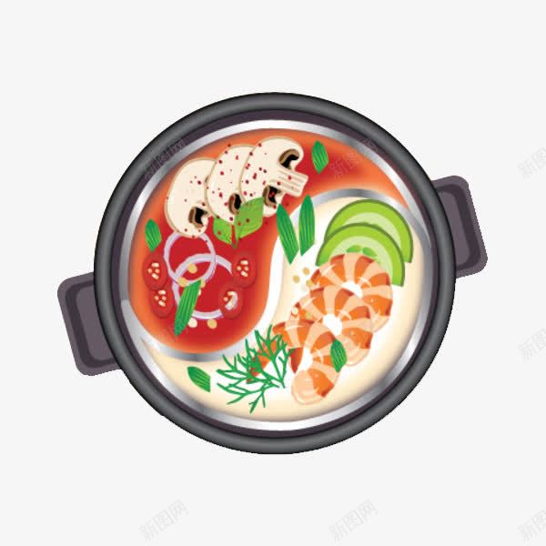 鸳鸯火锅png免抠素材_新图网 https://ixintu.com 创意 卡通 商务 彩色 手绘 美食 蔬菜 虾 鸳鸯火锅