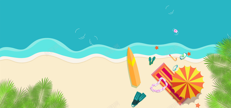 你好七月夏日促销卡通彩色海报背景jpg设计背景_新图网 https://ixintu.com 冲浪板 大海 拖鞋 暖色 树叶 沙滩 海报banner 漂流瓶 炎炎夏日 童趣 遮阳伞 项链