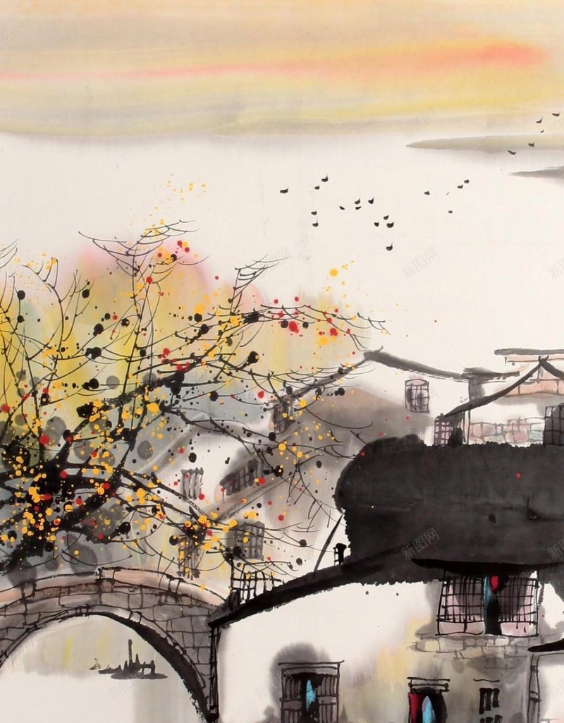 中国画乡村彩色水墨背景jpg设计背景_新图网 https://ixintu.com 中国画 中国风 乡村 彩色水墨 房屋 水墨画 背景