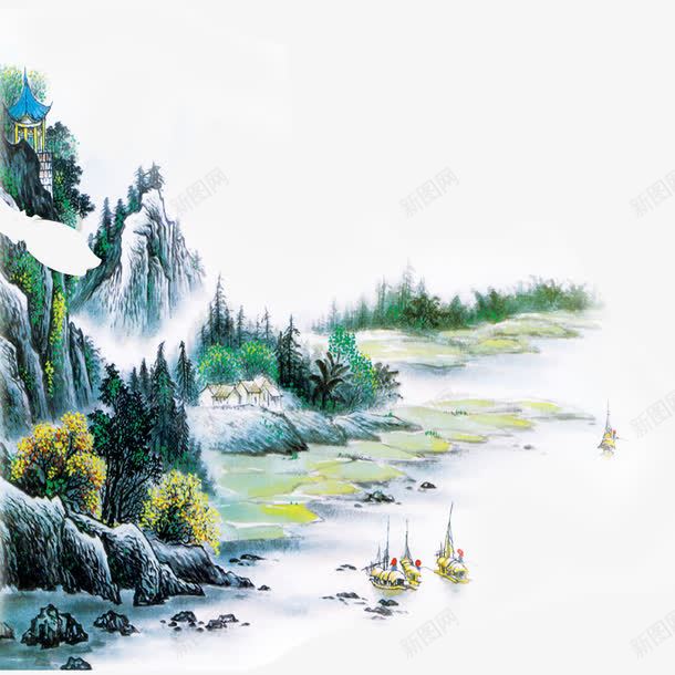山水画png免抠素材_新图网 https://ixintu.com 中式 亭子 山峰 山水画 水墨