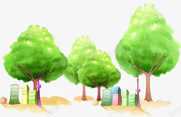 手绘插画绿色大树建筑物png免抠素材_新图网 https://ixintu.com 大树 建筑物 插画 绿色