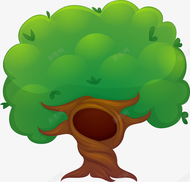 春天卡通绿色大树png免抠素材_新图网 https://ixintu.com 卡通大树 春天 树洞 棕色树干 绿色大树 绿色树叶