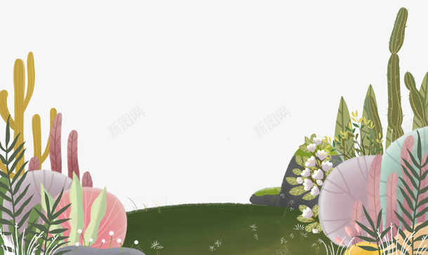 手绘春天景色插画psd免抠素材_新图网 https://ixintu.com 仙人掌 手绘插画 春天 景色 景色插画 装饰图案 风景