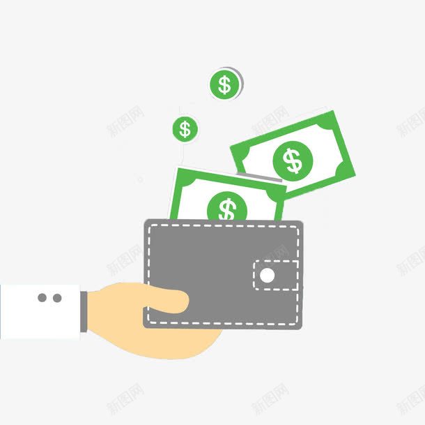 装着钱的灰色钱包png免抠素材_新图网 https://ixintu.com 卡通 商务 封面 彩色 手绘 插图 美元 钞票 钱包