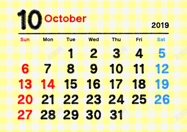 格子款2019年日历10月专用psd免抠素材_新图网 https://ixintu.com 10月专用 2019年日历 2019日历 低调 小清新 日系 格子款 简约款