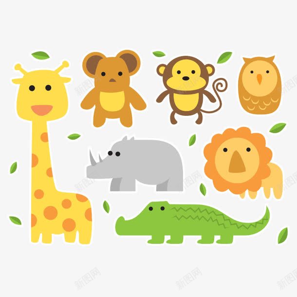 卡通动物贴纸png免抠素材_新图网 https://ixintu.com 动物 叶子 无尾熊 树袋熊 犀牛 狮子 猫头鹰 猴子 贴纸 长颈鹿 鳄鱼
