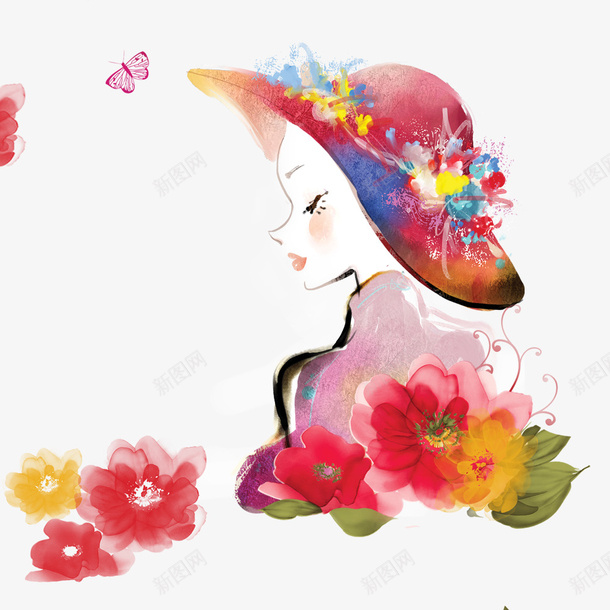 彩绘彩色侧脸女人png免抠素材_新图网 https://ixintu.com 人物侧脸 侧脸女人 女神海报 妇女节海报 彩绘花朵 晕染插画 花朵