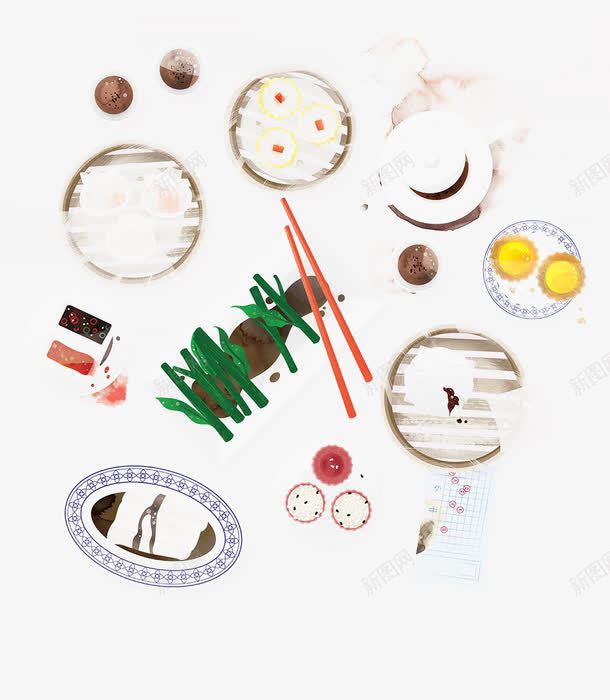 手绘美食插图png免抠素材_新图网 https://ixintu.com 创意 插画手绘 海带 海报设计 盘子 碗碟 筷子 蛋白 蛋黄 面条 餐具 餐饮 餐饮插画 香肠 鸡蛋