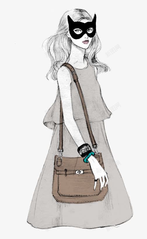 手绘模特png免抠素材_新图网 https://ixintu.com 服装设计 服饰模特 水彩 猫面具 素描 美女