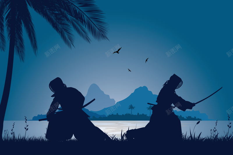 卡通人物剪影武士平面广告jpg高清背景_新图网 https://ixintu.com PK 人物剪影 刀 卡通人物 夜景 大海 对决 山峰 平面广告 日本 武士 绿树