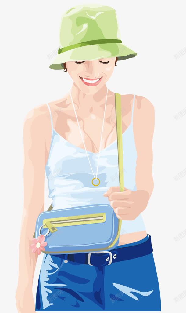 穿着夏装的女人png免抠素材_新图网 https://ixintu.com 夏天 春天 白色吊带 绿色的帽子 绿色的斜肩包 耳环 项链