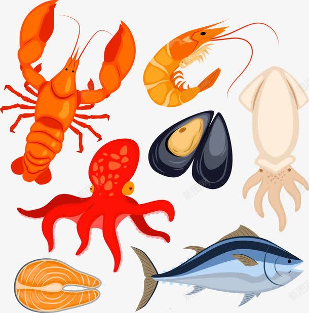7款海洋生物与食物矢量图ai免抠素材_新图网 https://ixintu.com 洋生物 海鲜 生猛海鲜 章鱼 虾 贝类 金枪鱼 青口 鱼排 鱿鱼 龙虾 矢量图