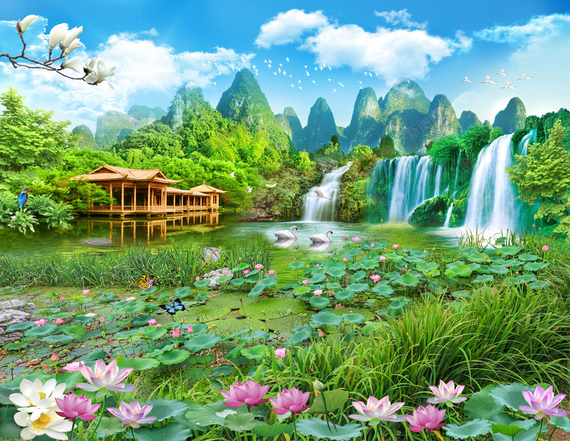 清新风景瀑布电视墙背景psd设计背景_新图网 https://ixintu.com 中国风 中式 中式背景 墙画 壁挂 壁纸 室内 玄关 电视墙 装修墙纸 豪华