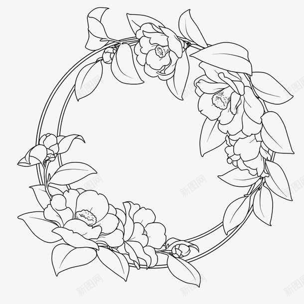 茶花圆框线稿png免抠素材_新图网 https://ixintu.com 线稿 花框 茶花 茶花PNG素材 茶花矢量 边框