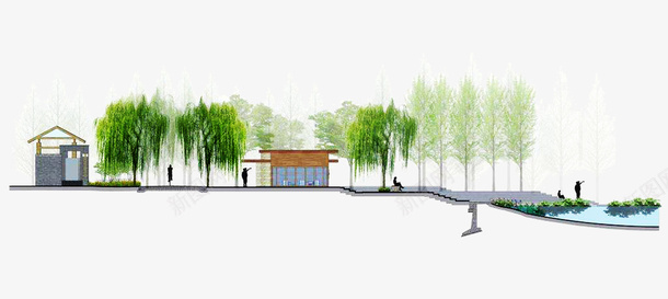 有柳树水体的绿色景观剖面图psd免抠素材_新图网 https://ixintu.com 人物 建筑亭子 景观剖面图 杨树 柳树 柳树叶 水系 高差地面