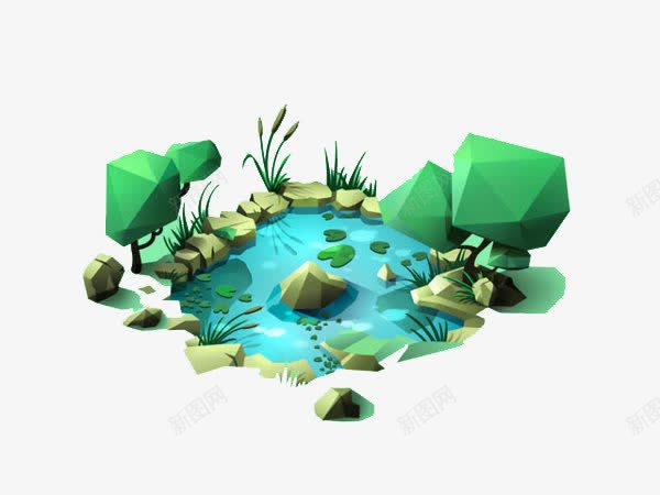 卡通池塘png免抠素材_新图网 https://ixintu.com 3D c4d 三维立体 卡通 场景合成 建筑 池塘 漫画