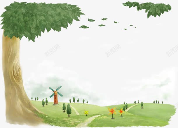 风车草原大树psd免抠素材_新图网 https://ixintu.com 公园 卡通画 房子 手绘 插画 水粉画 边框 风车草原大树免费下载