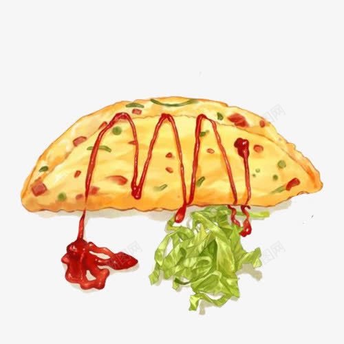蛋包炒饭手绘画片psd免抠素材_新图网 https://ixintu.com 手绘美食 炒饭 番茄汁 蛋包炒饭 金黄色 青菜