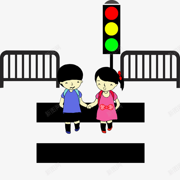 过马路的小伙伴卡通图psd免抠素材_新图网 https://ixintu.com 交通安全 儿童 小学生 扁平化的红绿灯 牵手 简图 红绿灯 马路