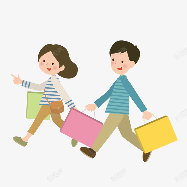 手绘卡通人物逛街购物png免抠素材_新图网 https://ixintu.com 促销 促销海报 动画人物 卡通女人 卡通男人 夫妻购物 扁平化人物 欢乐的夫妻 购物 逛街