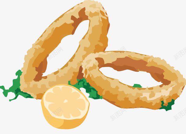 手绘鱿鱼圈png免抠素材_新图网 https://ixintu.com 卡通鱿鱼圈 手绘 插画 柠檬 水彩 洋葱圈 食物 鱿鱼圈