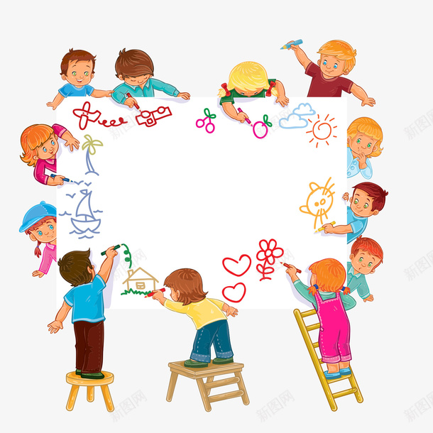 一起画画的孩子png免抠素材_新图网 https://ixintu.com 兴趣班 卡通 彩色 手绘 教育机构 画画 美术