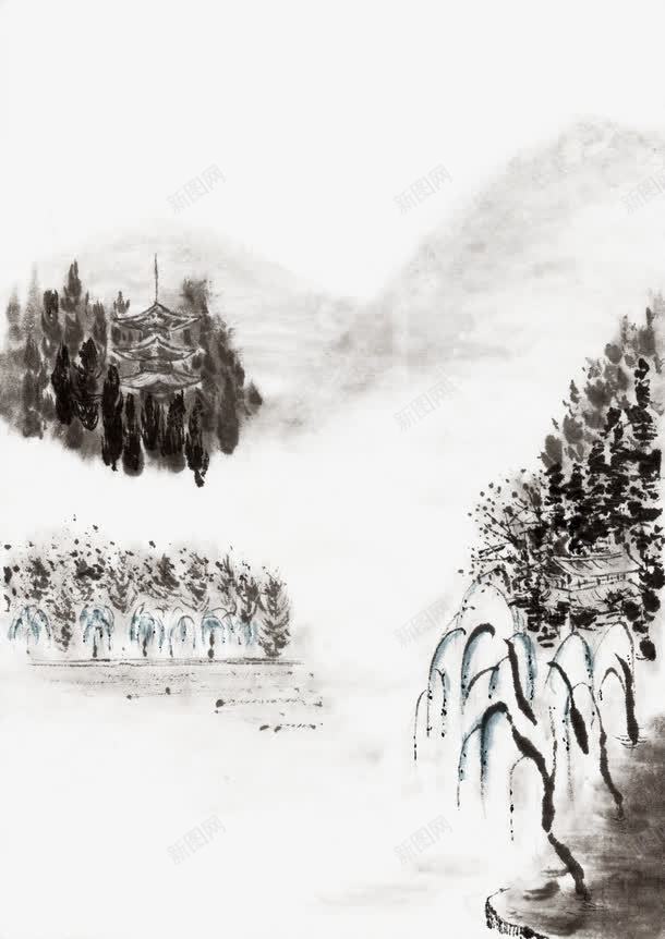水墨画山水画png免抠素材_新图网 https://ixintu.com 山水画 柳树 树林 水墨画