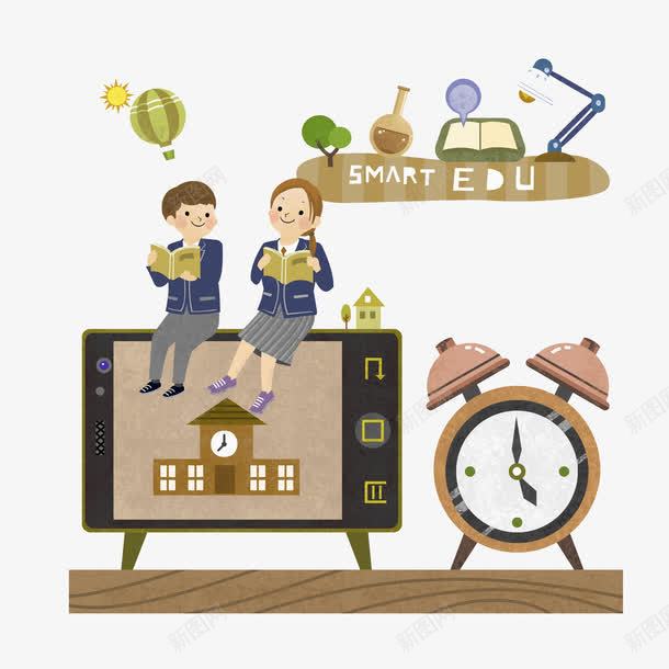 早晨学生学习的重要性png免抠素材_新图网 https://ixintu.com 书本 太阳 女孩 小树 房屋 教学楼 热气球 男孩 钟表