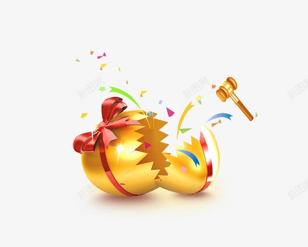 金蛋png免抠素材_新图网 https://ixintu.com 砸金蛋 签单砸金蛋 蝴蝶结 金蛋裂开 锥子