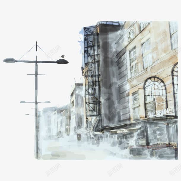 水彩城市街景手绘png免抠素材_新图网 https://ixintu.com 城市 建筑 房屋 手绘 手绘街 楼房 水彩 水彩路灯 蓝天 街景 街道 路灯