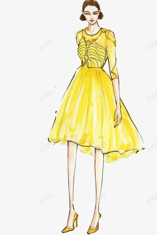 手绘模特png免抠素材_新图网 https://ixintu.com 时尚女孩 服装设计 服饰模特 水彩 素描 美女 黄裙子