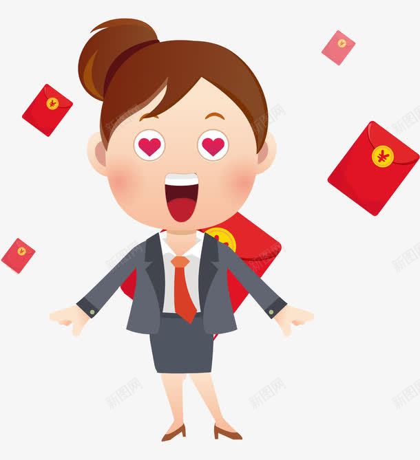 卡通欣喜的女人图png免抠素材_新图网 https://ixintu.com 女人 惊喜 欣喜 满眼爱心 漂浮的 红包 西装 高兴地