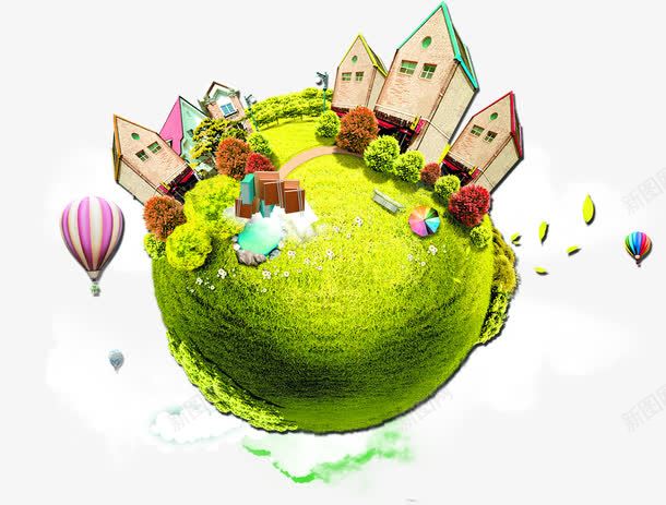 卡通地球上房子png免抠素材_新图网 https://ixintu.com 免抠PNG图片 卡通 地球 培训机构 房子 招生 热气球