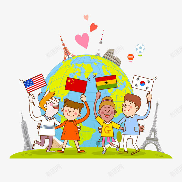 不同国家小朋友手拉手png免抠素材_新图网 https://ixintu.com 世界 中国 地球 埃菲尔铁塔 热气球 爱心 美国 韩国