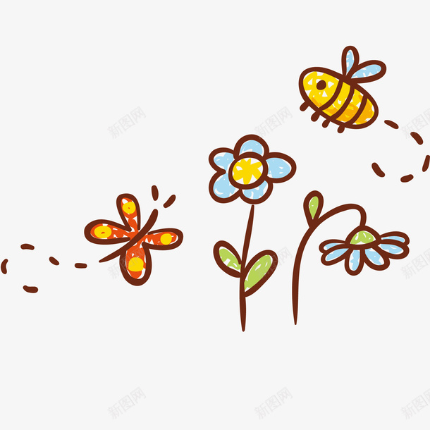 卡通春天的花卉和昆虫矢量图ai免抠素材_新图网 https://ixintu.com 小花 手绘水彩 招蜂引蝶 植物 矢量图 花卉 蜂类 蜜蜂 蝴蝶