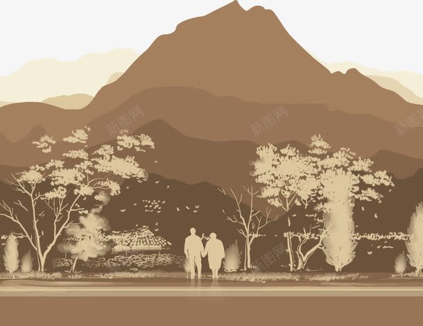 互相搀扶的老人背影png免抠素材_新图网 https://ixintu.com 中国传统节日 九月九 山峰 树林 森林 老人 背影 节日 重阳 重阳节