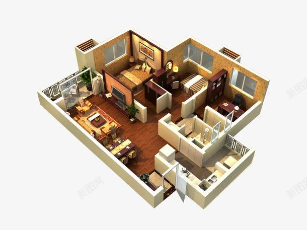立体户型图png免抠素材_新图网 https://ixintu.com 3D户型图 3D设计 三维户型图 室内效果图 室内模型 家具 家居设计