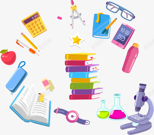 显微镜和书本png免抠素材_新图网 https://ixintu.com 上课 书本 卡通 学校 学生 学生用品 显微镜