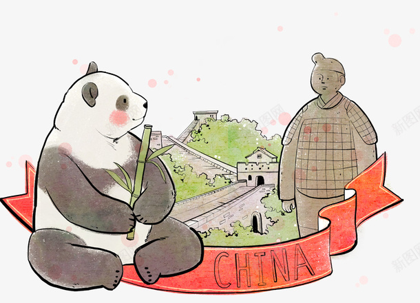 中国文化传统插画psd免抠素材_新图网 https://ixintu.com 中国风 兵马俑 唯美 国宝 彩绘 熊猫 竹子 绘画 长城