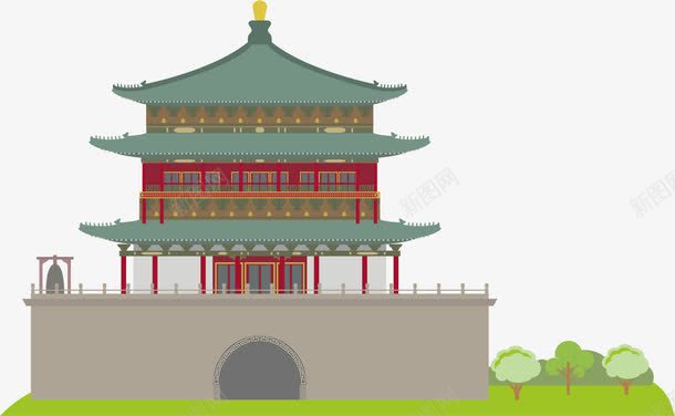 中国风钟楼建筑png免抠素材_新图网 https://ixintu.com 中国风 卡通手绘 建筑 房子 水彩 绿色 草地 钟楼
