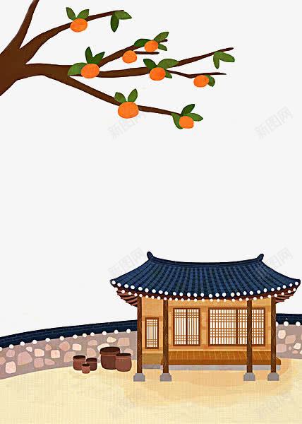 手绘柿子树青瓦白墙png免抠素材_新图网 https://ixintu.com 古代 古典建筑 屋檐 屋顶 柿子树 瓦 青瓦白墙