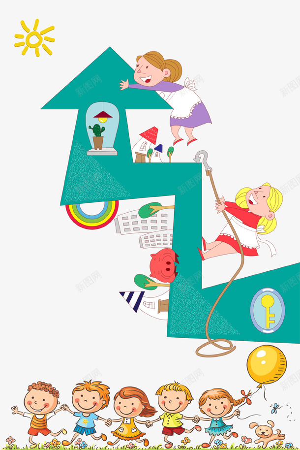 手绘创意儿童乐园背景psd免抠素材_新图网 https://ixintu.com 乐园 儿童 创意设计 太阳 家长 彩虹 手绘 箭头
