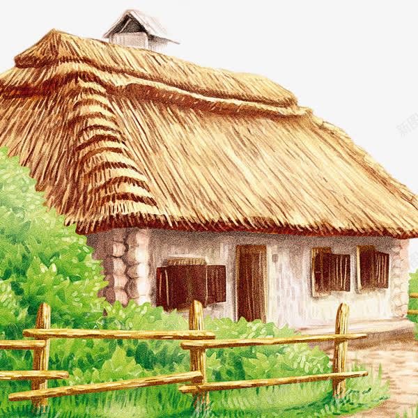 手绘小清新茅草屋png免抠素材_新图网 https://ixintu.com 围栏 小清新元素 房子 手绘建筑 背景装饰 茅草屋 黄色草屋