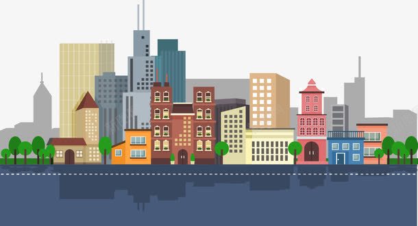 城市扁平化png免抠素材_新图网 https://ixintu.com 小树 建筑物 水 高楼大厦