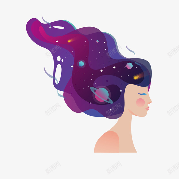 一个宇宙星空图案头发的女孩矢量图ai免抠素材_新图网 https://ixintu.com 人头插画 卡通女孩 合眼 女孩 宇宙 扁平化 星空 漫画 矢量图 紫头发女孩 紫色人头