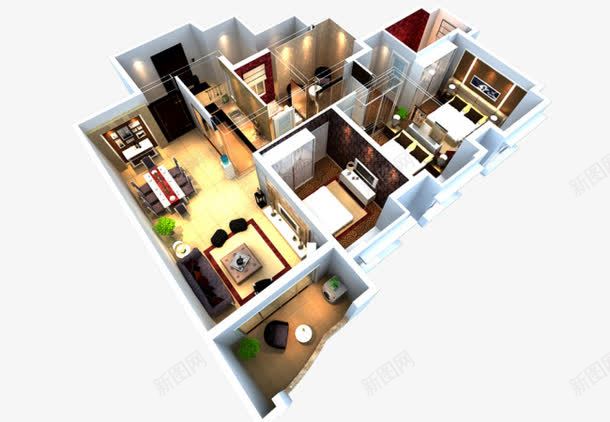 户型立体图png免抠素材_新图网 https://ixintu.com 室内效果 室内装修 家居 户型图 立体房屋装修图