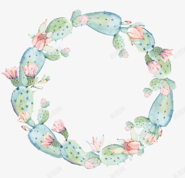 仙人掌圆环png免抠素材_新图网 https://ixintu.com 仙人掌 卡通手绘 圆环 水彩 粉色 绿色 花朵 鲜花