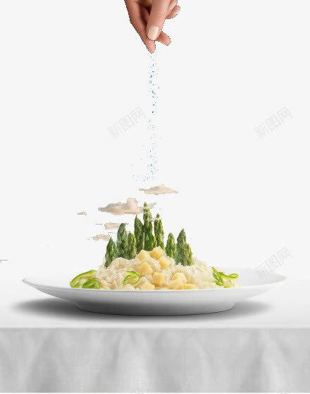 创意美食png免抠素材_新图网 https://ixintu.com 下雨 云朵 手 海报素材 白色桌布 盘子 舌尖上的美食 食物 高山
