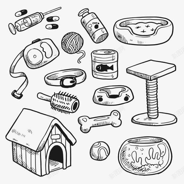 手绘宠物用品png免抠素材_新图网 https://ixintu.com 动物 宠物 宠物用品 梳子 注射器 爬架 狗 狗窝 猫 线团 罐头 药丸 遛狗绳 项圈 骨头 鱼缸
