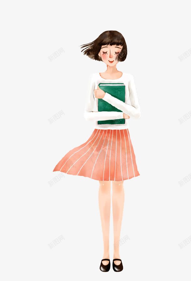 卡通手绘美丽少女插画png免抠素材_新图网 https://ixintu.com 书本 卡通手绘 可爱 学生 少女 插画 美丽 裙子